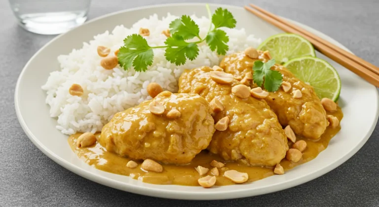 A delicious plate of chicken in a creamy peanut butter sauce, garnished with roasted peanuts and fresh cilantro, served with jasmine rice and lime wedges.