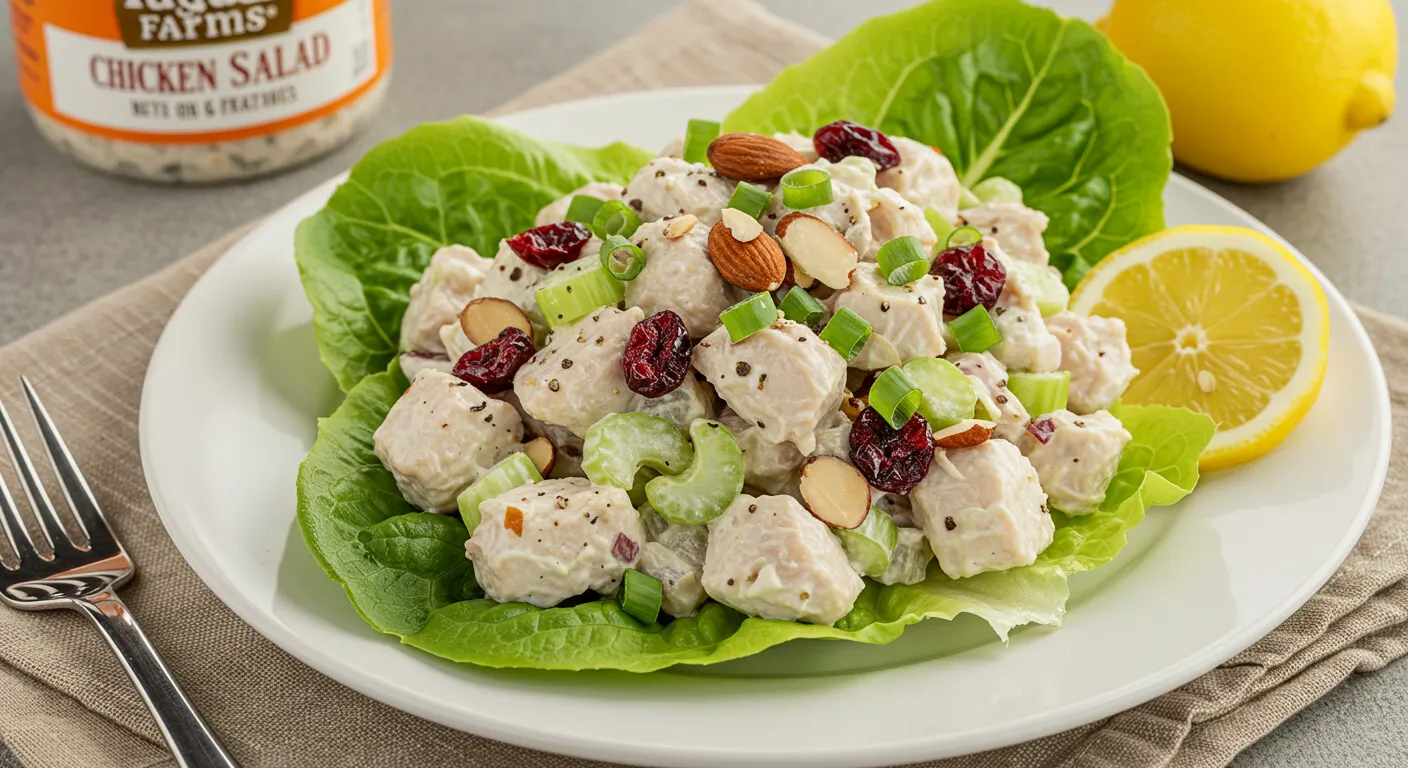 A creamy chicken salad with celery, almonds, and cranberries, served on crisp lettuce leaves.