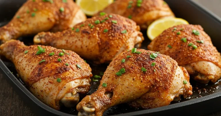 Crispy baked chicken leg quarters with golden-brown skin, served with herbs and seasoning