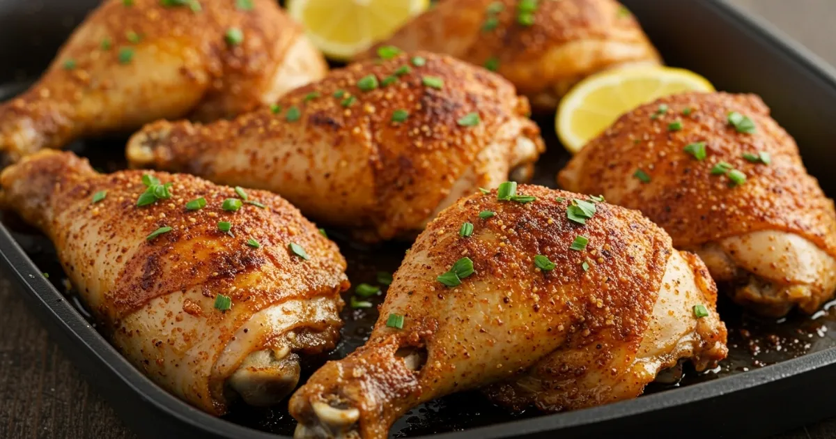 Crispy baked chicken leg quarters with golden-brown skin, served with herbs and seasoning