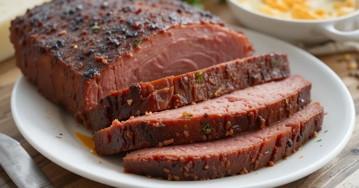 A perfectly cooked corned beef brisket served on a plate, garnished with herbs and vegetables