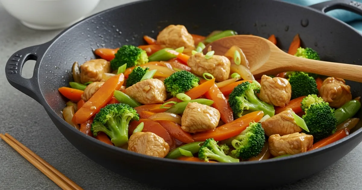 A skillet filled with vibrant stir-fry ingredients, featuring Diced Chicken Stir-Fry with Veggies like broccoli, sliced carrots, and green onions. A wooden spoon rests inside the skillet while chopstick