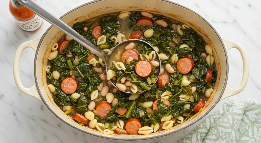 A large, oval-shaped, light beige/cream-colored pot is filled with a hearty soup. The soup is a vibrant mix of dark green leafy greens, light beige/white beans, small pasta shapes (likely ditalini or small shells), and pieces of light orange/pink sausage. A ladle, metallic silver in color, is partially submerged in the soup, lifting a portion of the soup. The soup appears thick and flavorful, with visible bits of vegetables and meat throughout. The pot sits centered in the image on a white marble surface. The lighting is even, casting no significant shadows, and the image's perspective is directly overhead, looking down into the pot. A small bottle of orange hot sauce is slightly visible on the left side of the image, just outside the pot. A light green and white patterned dishtowel is visible in the lower right quadrant of the image. The overall impression is of a simple, home-cooked meal, captured in a bright, well-lit kitchen setting. A sense of warmth and comfort is conveyed by the image.