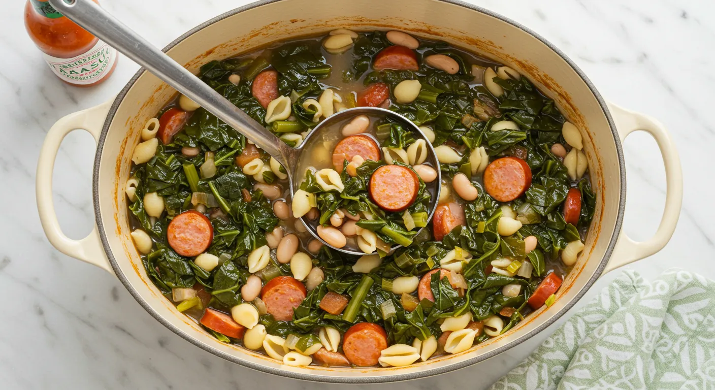 A large, oval-shaped, light beige/cream-colored pot is filled with a hearty soup. The soup is a vibrant mix of dark green leafy greens, light beige/white beans, small pasta shapes (likely ditalini or small shells), and pieces of light orange/pink sausage. A ladle, metallic silver in color, is partially submerged in the soup, lifting a portion of the soup. The soup appears thick and flavorful, with visible bits of vegetables and meat throughout. The pot sits centered in the image on a white marble surface. The lighting is even, casting no significant shadows, and the image's perspective is directly overhead, looking down into the pot. A small bottle of orange hot sauce is slightly visible on the left side of the image, just outside the pot. A light green and white patterned dishtowel is visible in the lower right quadrant of the image. The overall impression is of a simple, home-cooked meal, captured in a bright, well-lit kitchen setting. A sense of warmth and comfort is conveyed by the image.